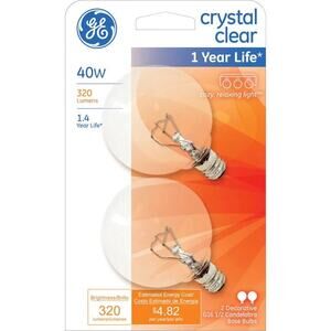 GE CRYSTAL CLEAR G16 1/2 CANDELABRA BASE LIGHT BULBS/40W 320 LUMENS/2 BULBS/NEW!